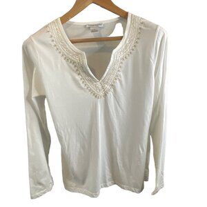 Clothing Couture White V Neck Embroidered Long Sleeve Pullover Top Sz M